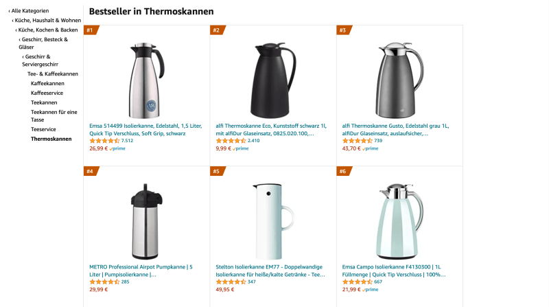 Meistverkaufte Thermoskannen auf Amazon: Zwei der sechs beliebtesten Kannen stammen von alfi, einer Marke von Nippon Sanso.