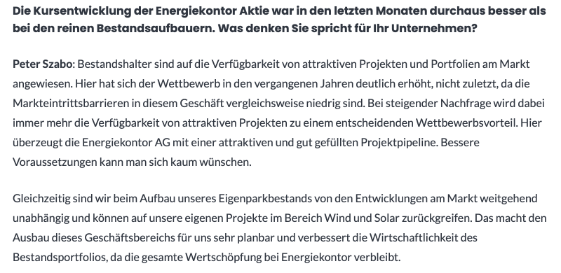 Der Energiekontor CEO sieht das Unternehmen im Vergleich zu Bestandsaufbauern gut aufgestellt